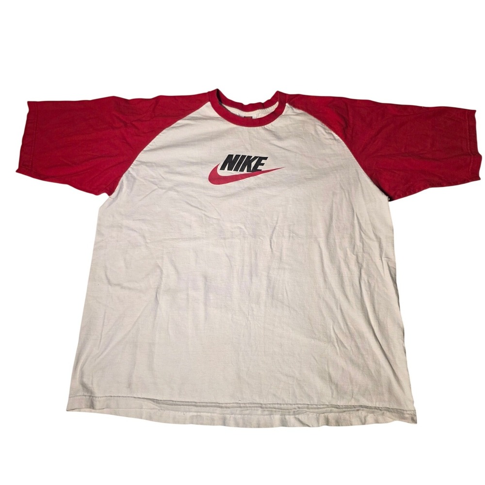 Nike Team Mens XL Vintage Raglan T-Shirt White Red Swoosh Graphic Tee Cotton